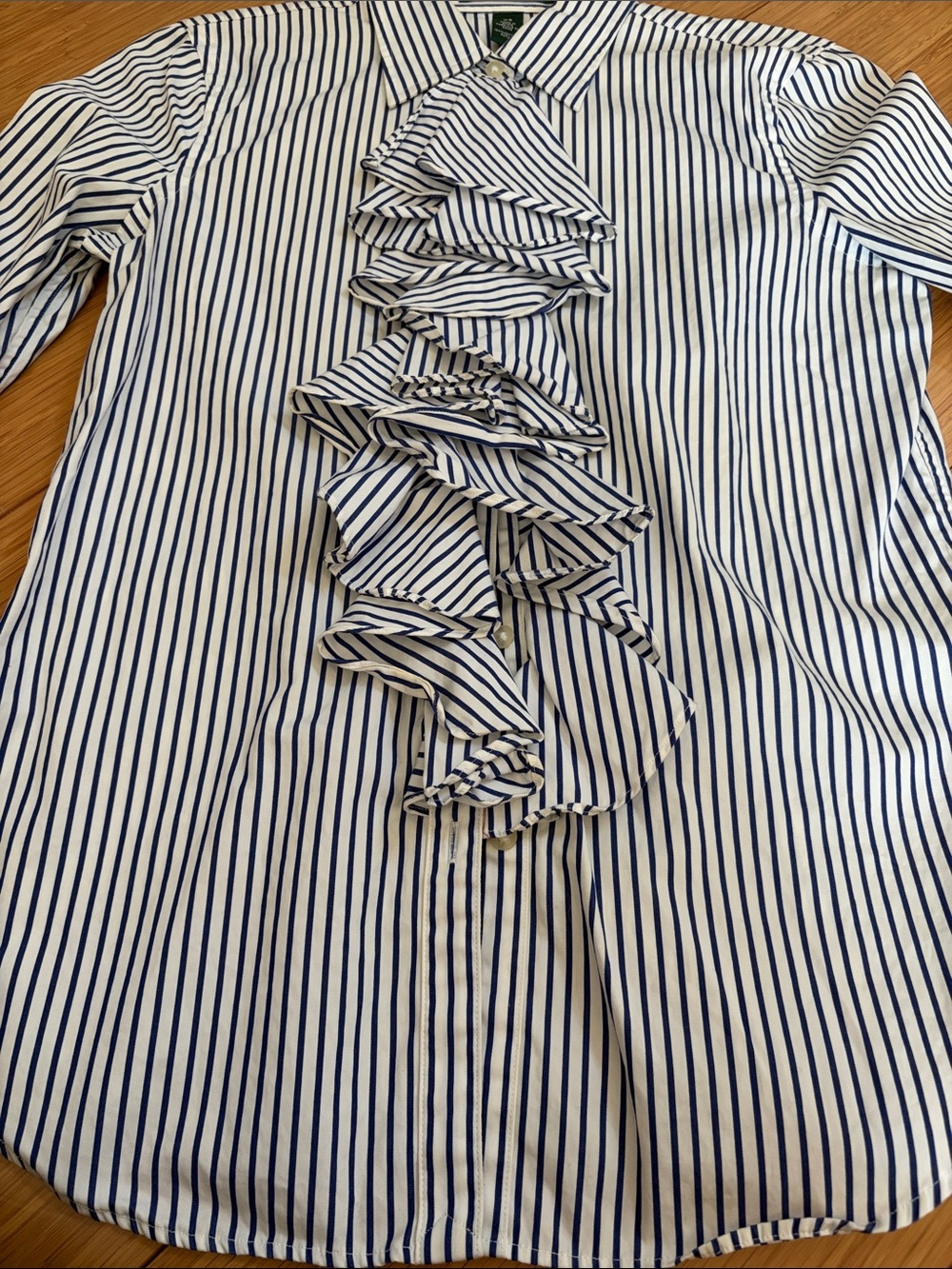 Lauren Ralph Lauren White and Blue Striped Ruffle Button-Down Shirt